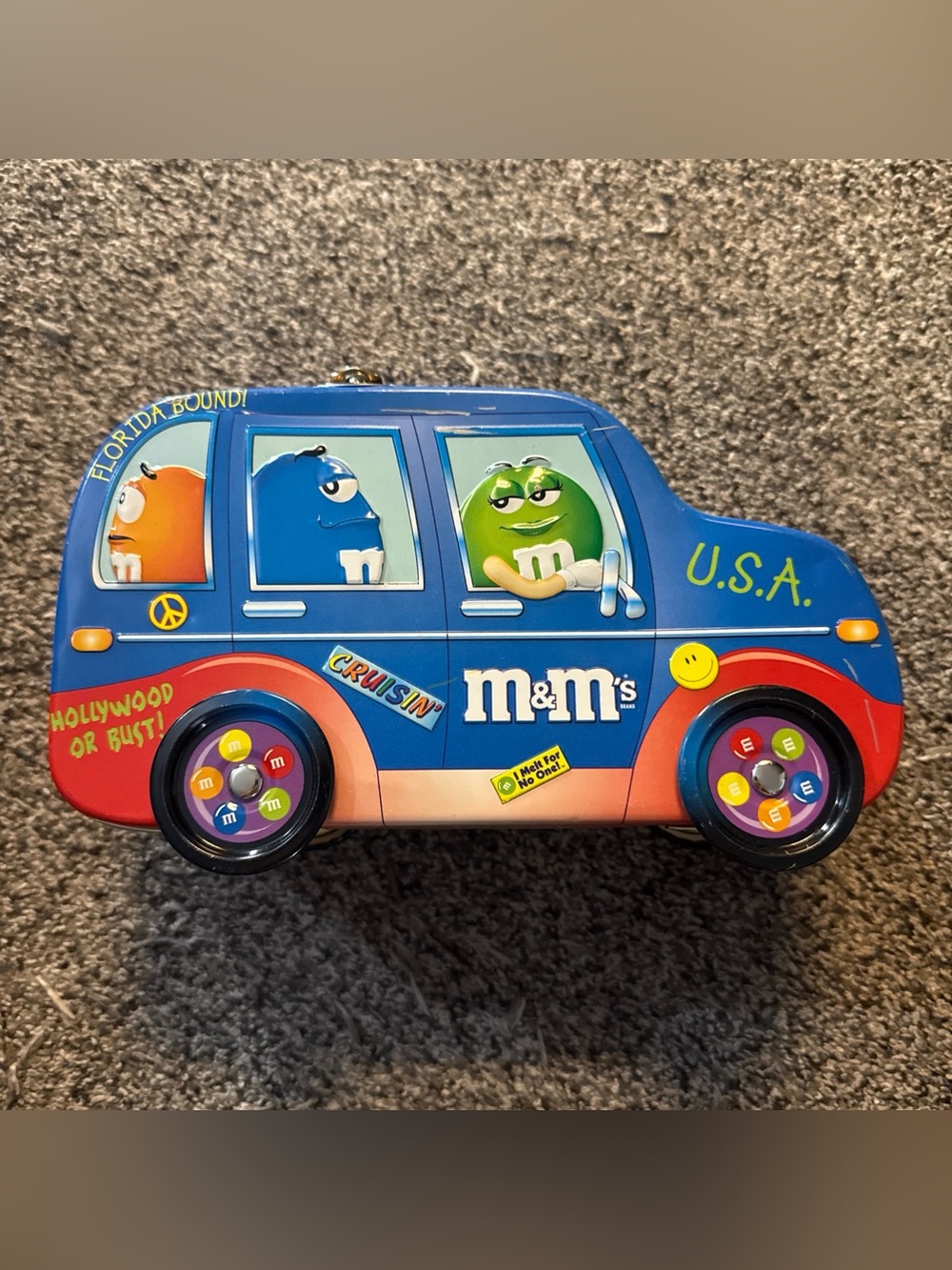 M&M'S Tin Lunch Box Car Wheels Turn Traveling "Have Candy Will Travel" Empty Tin